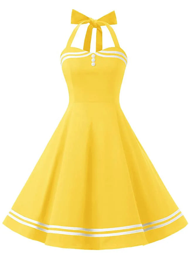 Halter Yellow Dress Sexy Robe Femme Pin Up Rockabilly Party Dress Big Swing Vestidos Summer Clothes Main image
