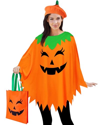 CONGRU Pumpkin Costume for Women Adult,Pumpkin Poncho Halloween Costume Set