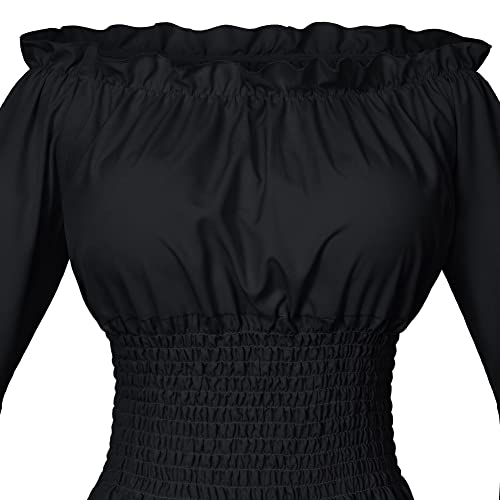 Womens Renaissance Victorian Peasant Ruffle Smocked Waist Boho Pirate Shirt Blouse with Belt Set