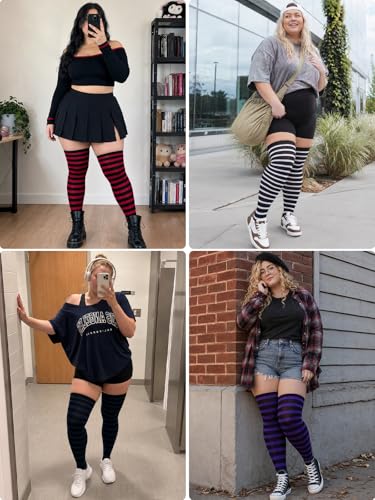 Moon Wood Plus Size Thigh High Socks for Women Knit Cotton Extra Long Striped Over the Knee High Socks Leg Warmers