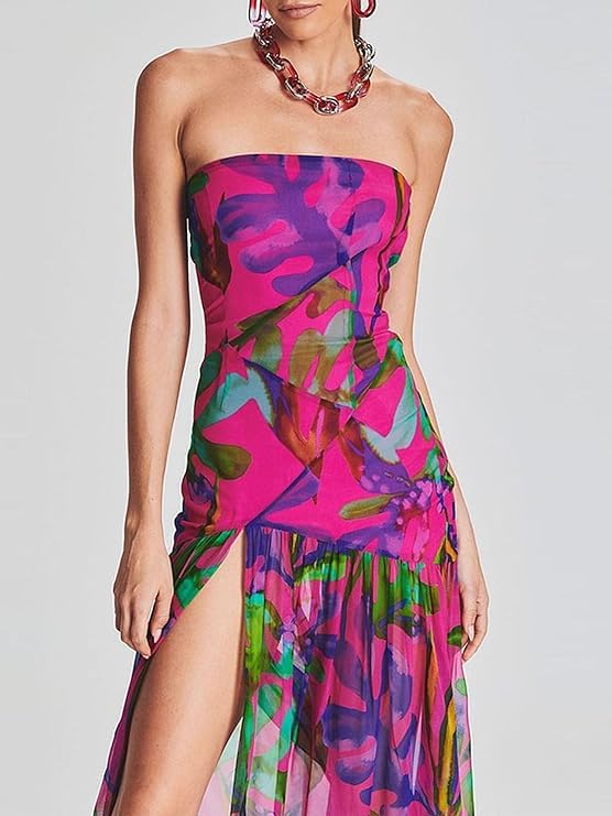 Women Tube Top Dress Tiger Stripe Mesh Patchwork Maxi Dress Strapless Sexy High Slit Long Dresses Beach Vacation