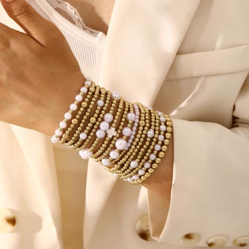 Gold Plated Bead & Pearl Bracelets for Women, 16PC Stackable Stretch Set