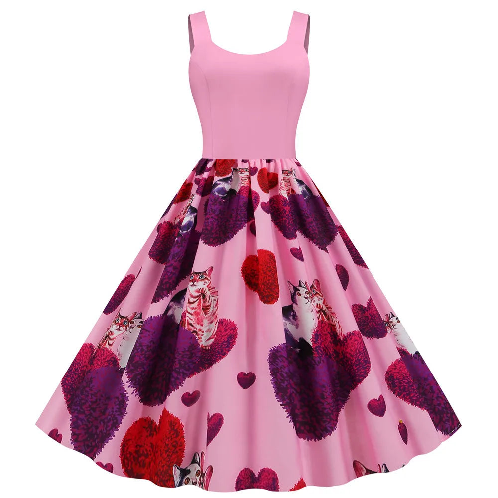Sweet Heart Print Swing Summer Dress Sexy Halter Rockabilly Valentine Party Dresses Vestido Robe A-Line