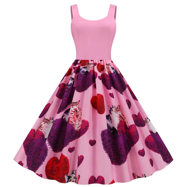 Sweet Heart Print Swing Summer Dress Sexy Halter Rockabilly Valentine Party Dresses Vestido Robe A-Line