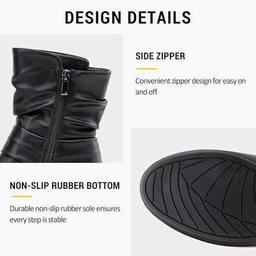 Women's Slouch Ankle Boots, Flat Low Heel Side Zip Booties 939A