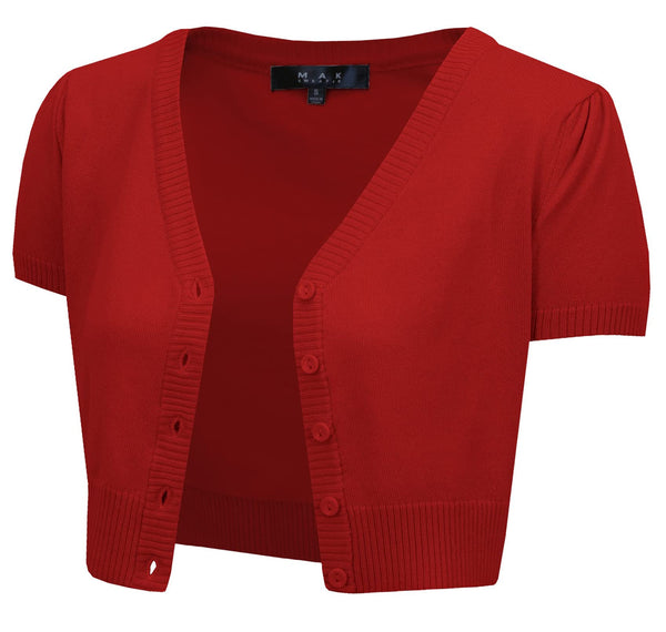 YEMAK Women's Cropped Bolero Cardigan – Short Sleeve V-Neck Basic Classic Casual Button Down Knit Soft Sweater Knitted Top