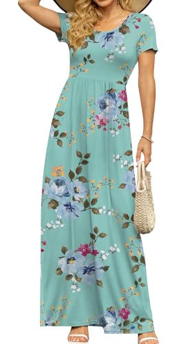 DB MOON Women's Summer Maxi Dress Casual Short Sleeve Empire Waist Pockets