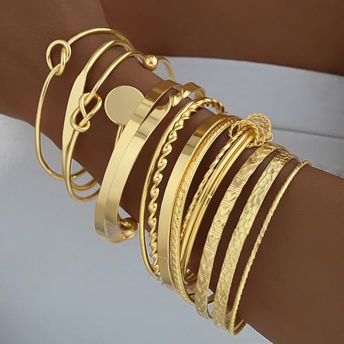 Gold Bangle Bracelets for Women, 14 Pcs Multi Layer Stackable Bangle Set, 14K Gold Plated Textured Chunky Bracelets Boho Jewelrys Set