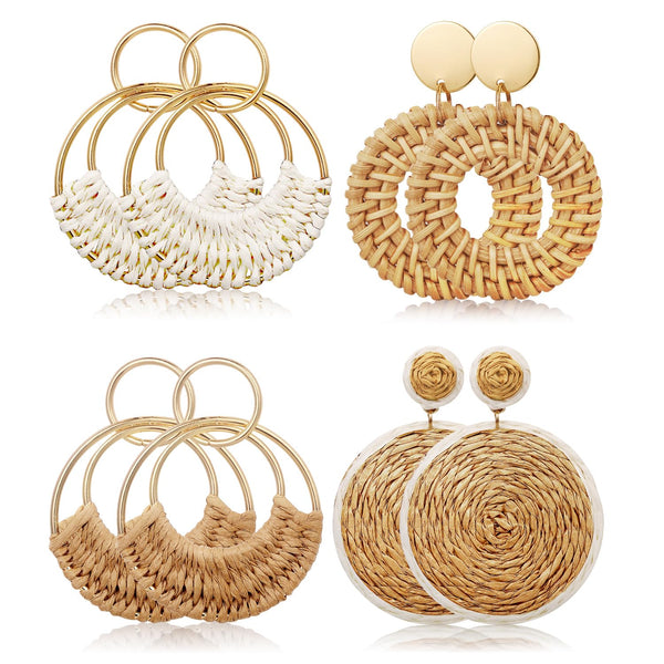 Raffia Rattan Boho Hoop Earrings (4 Pairs)