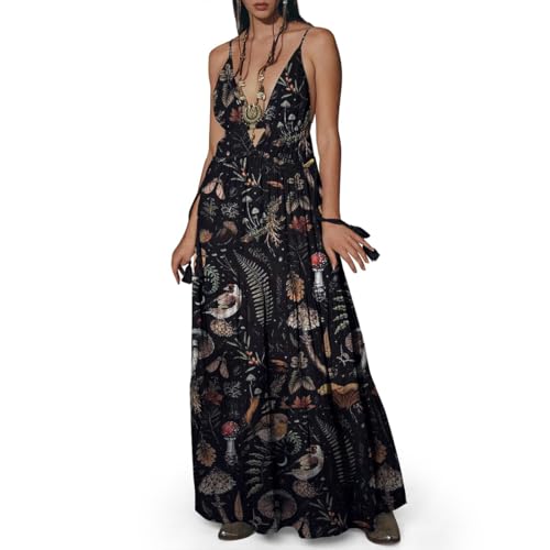 Womens Summer Sun Dresses Mystical Gothic Maxi Dress Casual Floral Witch Dress Date Dress Halloween Outfits