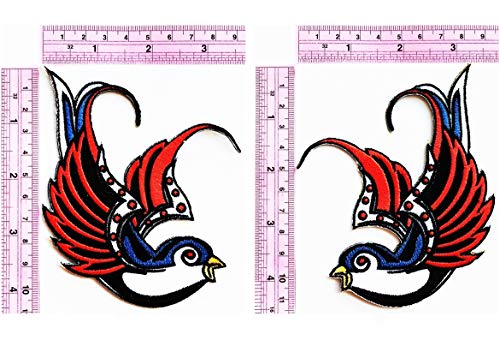 Set 2 Pcs Sparrow Swallow Dove Rockabilly Biker Tattoo Tropical Birds Kids Cartoon Iron on Patch Embroidered Patch Supplies for Jacket Bags Jeans Backpack Clothes DIY