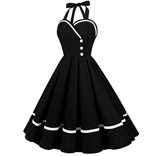 IKADEX Vintage Women 1950s Rockabilly Swing Dress Pinup 50s Retro Hepburn Style Halterneck A-Line Dresses