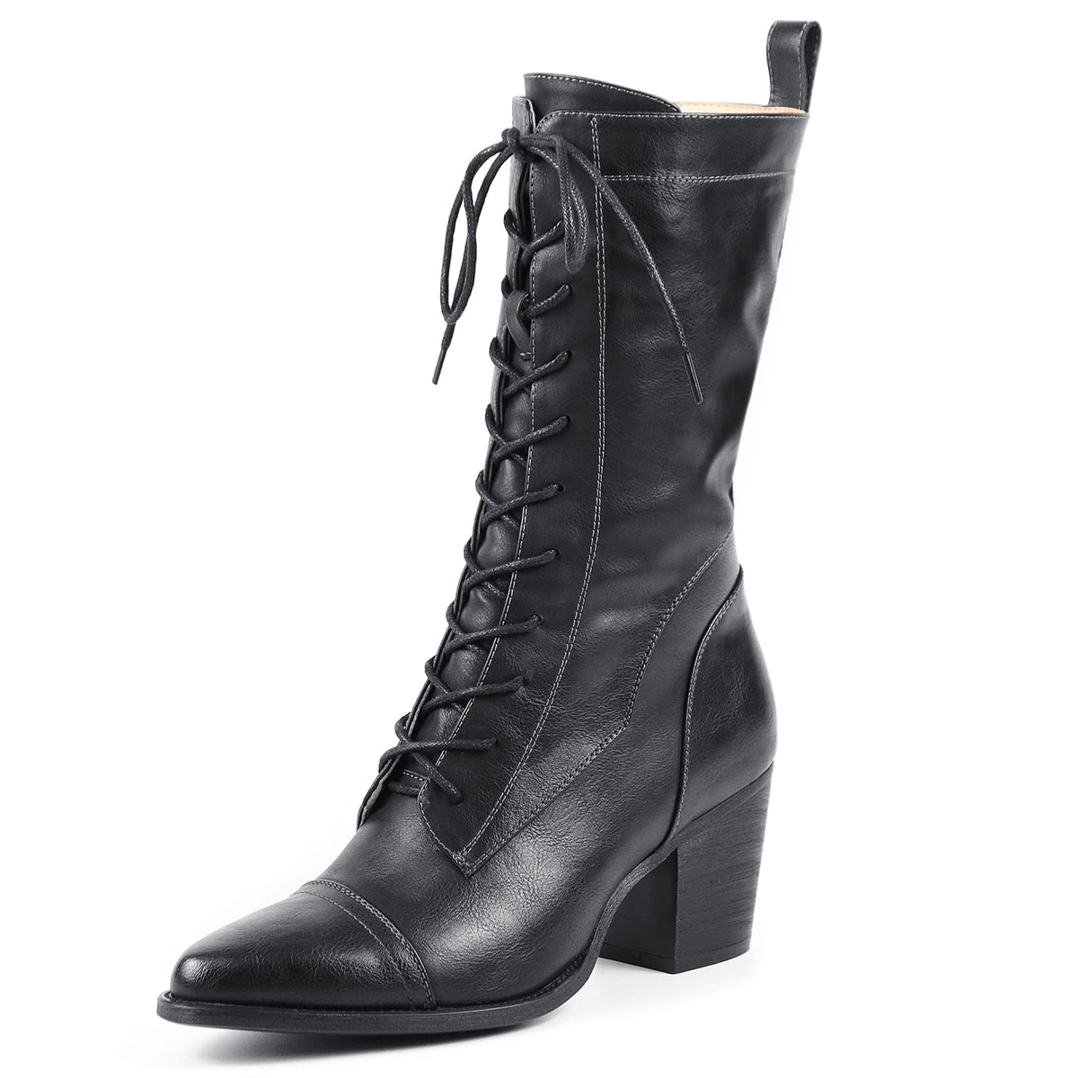 UTIKLIOU Women's Mid Calf Boots Lace up Combat Boots Leather Side Zipper Winter Boots Faux Fur Lining