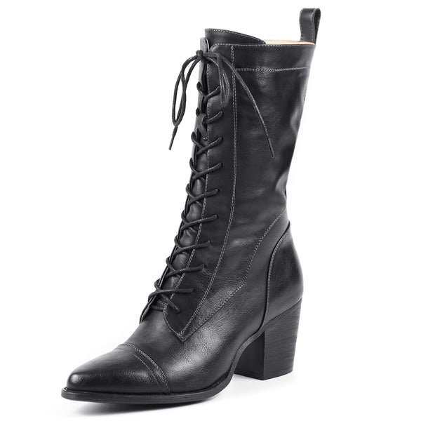 UTIKLIOU Women's Mid Calf Boots Lace up Combat Boots Leather Side Zipper Winter Boots Faux Fur Lining