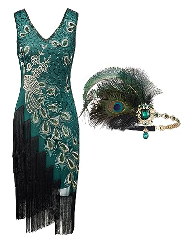 YESSA 1920s Peacock Dresses for Women,Flapper Gatsby Dress with Headband