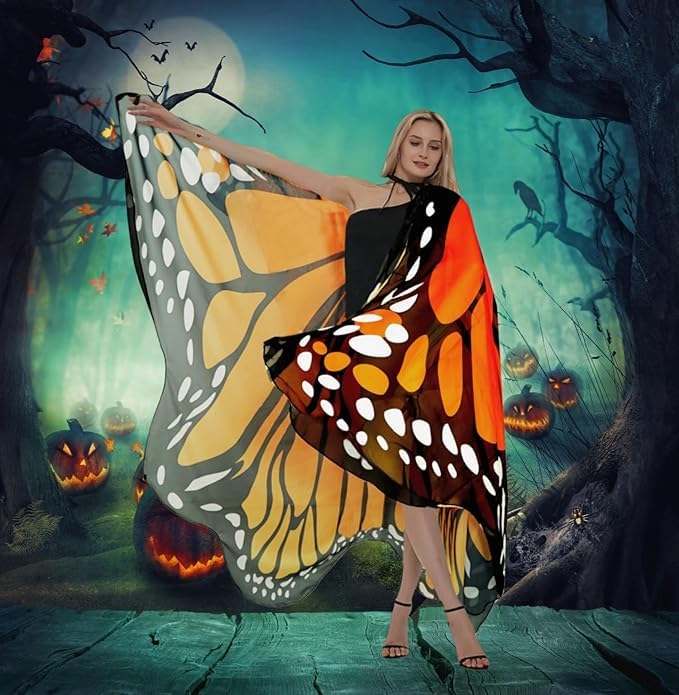 Sunlisky Adult Butterfly Costume Women Monarch Butterfly Wings Cape Shawl Halloween 3Pcs Mask Headband