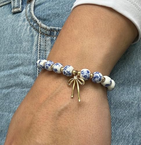 Beaded Bracelets for Women,Bow Charm Blue Flower Gold Plated Jewelry Women