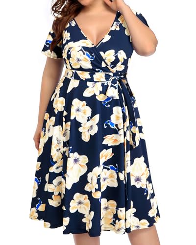 Pinup Fashion Plus Size Wedding Guest Semi Formal Cocktail Wrap Knee Dress | Knit, faux wrap v-neck, short ruffle sleeves, empire waist, removable belt, knee-length, wedding guest, semi formal, easter