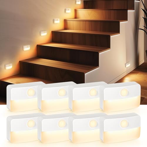 8 Pack Motion Sensor Stair LED Light, Wireless Stick on Anywhere Hallway Lamp, Portable LED Night...