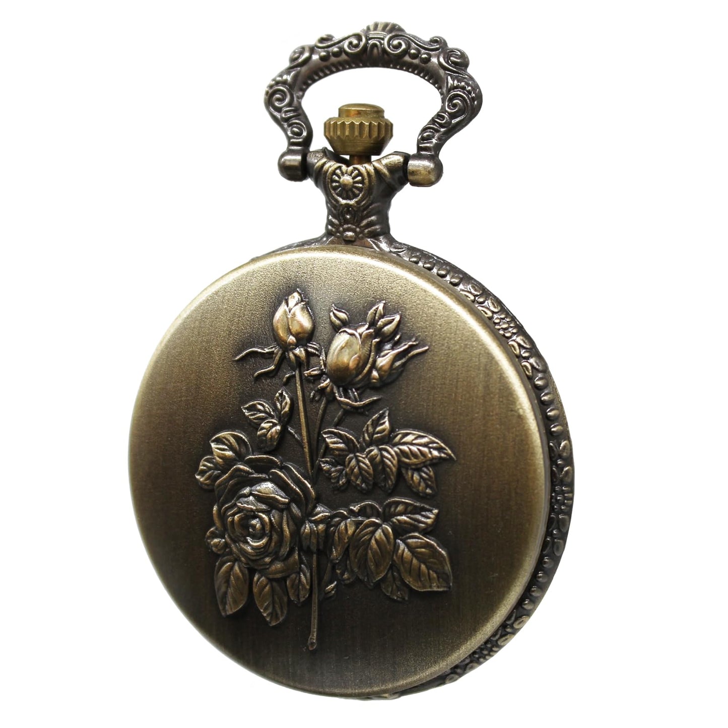 Vintage Quartz Pocket Watch with Flower Pattern Cover and Chain for Wo