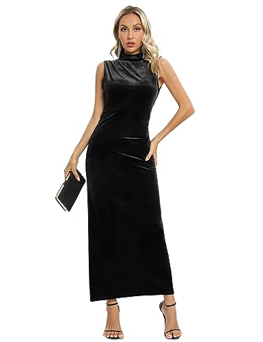 Women Backless Velvet Bodycon Maxi Dress High Neck Ruched Slit Party Dress