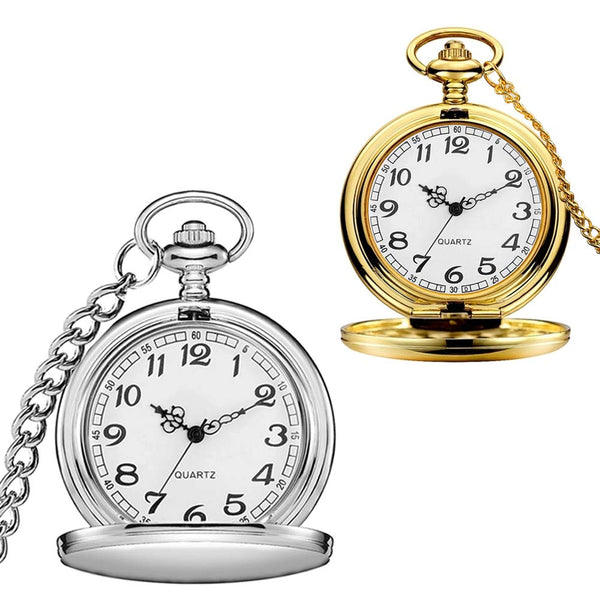 Set of 2 Classic Pocket Watch with Chain for Men and Women