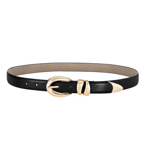 Belts For Women With Gold Buckle – Adjustable Black Leather Belt For