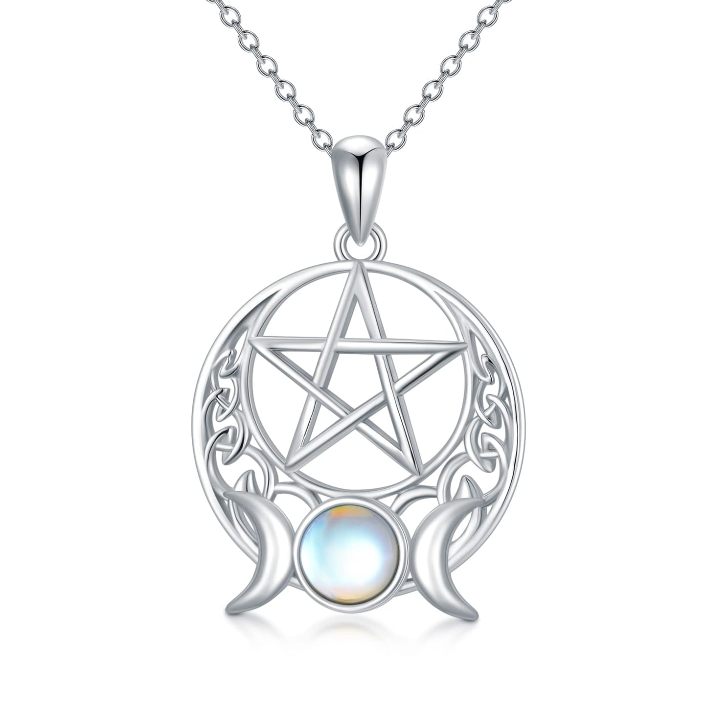 Sterling Silver Pentagram Necklace Triple Moon