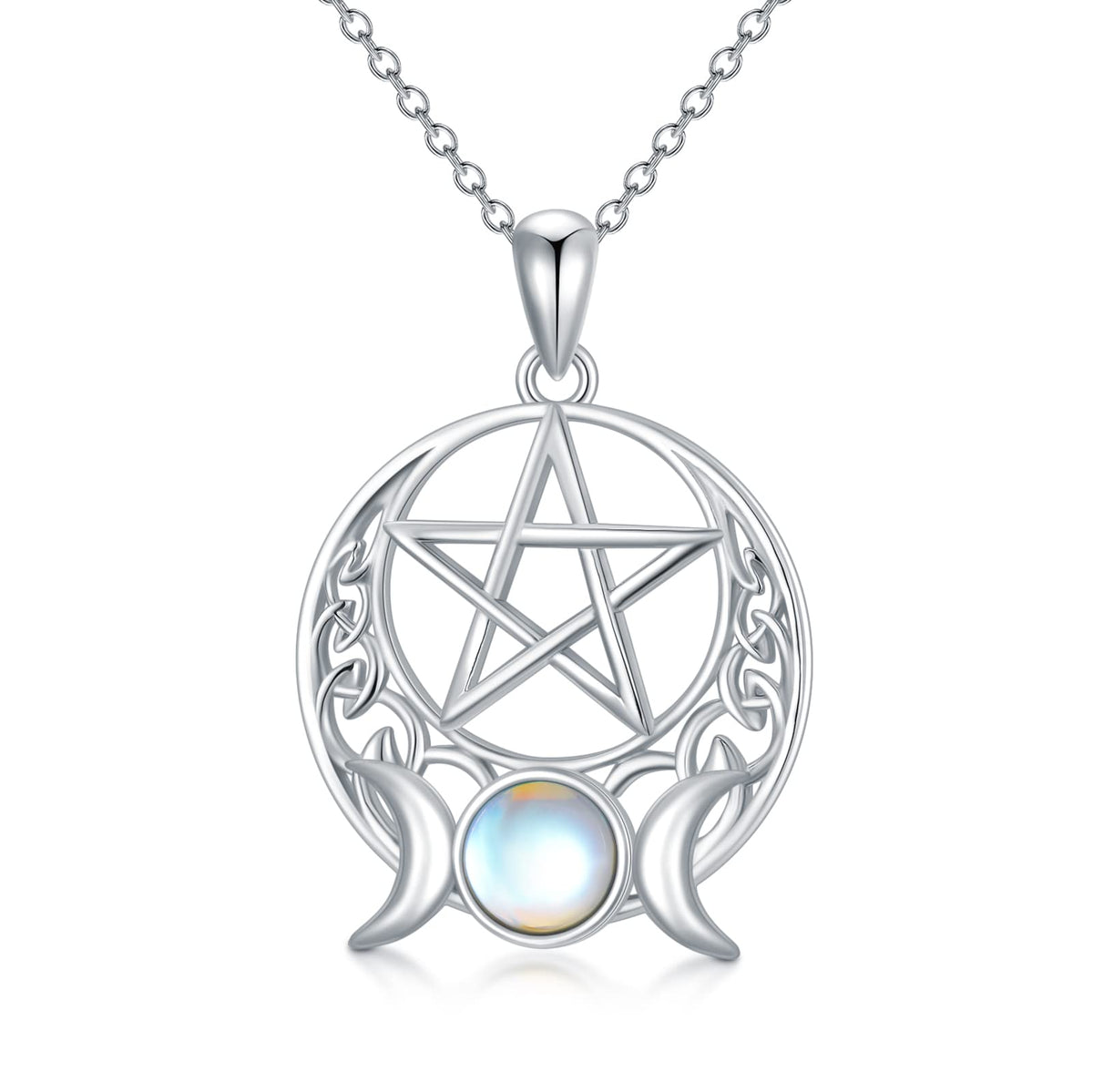 Sterling Silver Pentagram Necklace Triple Moon