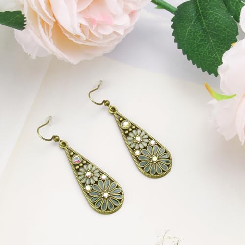 Olive Green Crystal Teardrop Floral Boho Earrings