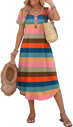 OFEEFAN Summer Dresses for Women 2026 Casual Midi Dresses Beach Vacation Outfits Tshirt Dress with Pockets Resort Wear