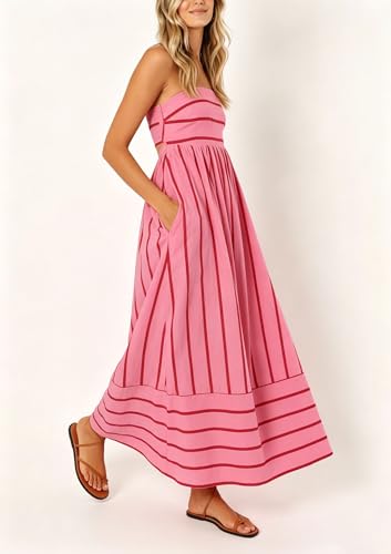 chouyatou Women's Striped Back Smocked Maxi Dress Sexy Spaghetti Strap Cut Out Flowy Swing Long Dress
