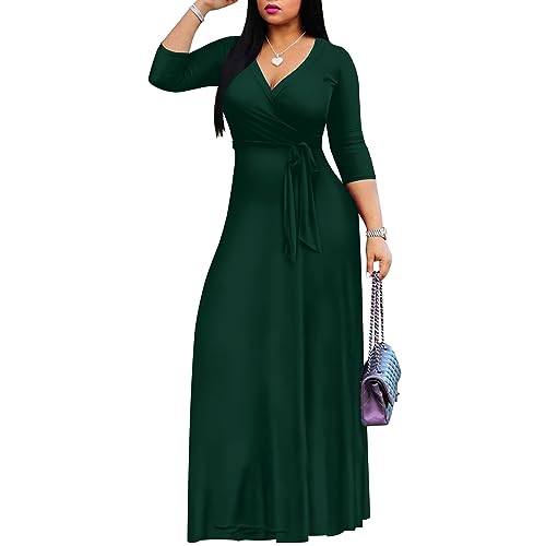 FANDEE Women's 2026 Maxi Dress - Solid Color Bohemian Summer Long Maxi Dress V-Neck 3/4 Sleeve