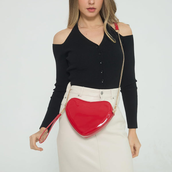 Heart-Shaped Glossy Vegan Leather Chain Crossbody Bag