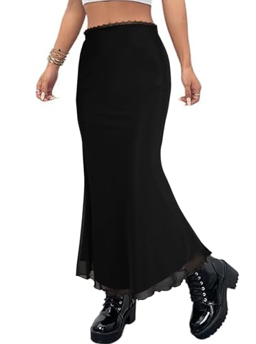 Avanova Women Boho Floral Mesh Long Skirts Elastic High Waisted Mermaid Hem 90s Grunge Maxi Skirt
