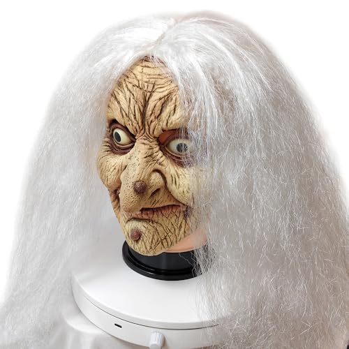 Old Lady Witch Latex Mask with White Hair – Realistic Halloween Costume Mask for Masquerade Party, Warty Nose & Chin Mole