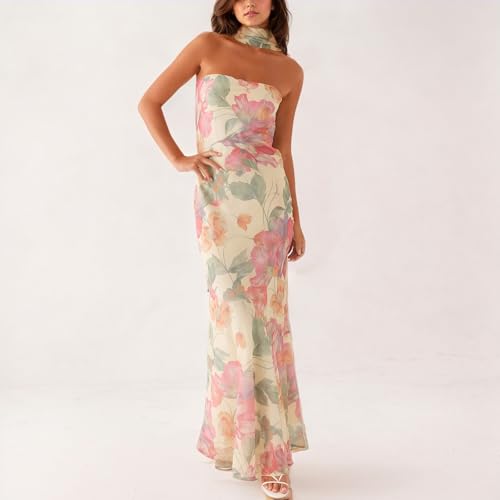 Women Floral Tube Maxi Dress with Scarf Summer Strapless Tube Bodycon Mesh Layer Cocktail Party Wedding Guest Dress