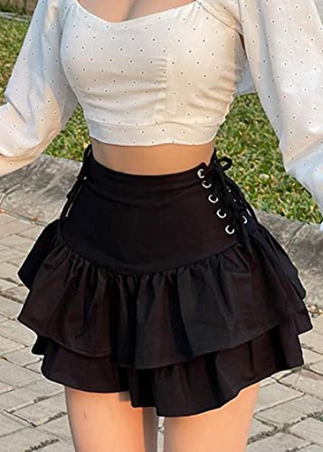 Womens Gothic Skirt Layered Ruffles Mini Emo Y2k Skirt Set