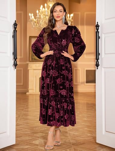 ZAFUL Womens Velvet Dress Long Sleeve Maxi Dresses Floral Smocked Waist