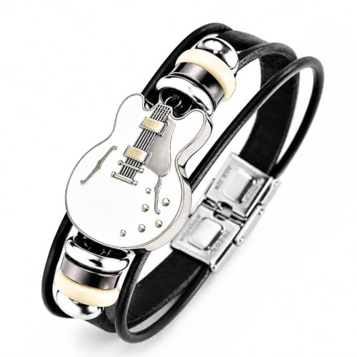 Retro Guitar Leather Bracelet for Man Women Unique Bead Braided Handmade Ethnic Tribal Cuff Multi-Layer Cords Wrap Music Shape Punk Rock Jewelry Gifts Wristband