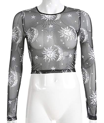 MIZOK Women's Long Sleeve See Through Shirts Angel Print Sexy Sheer Mesh Crop Tops