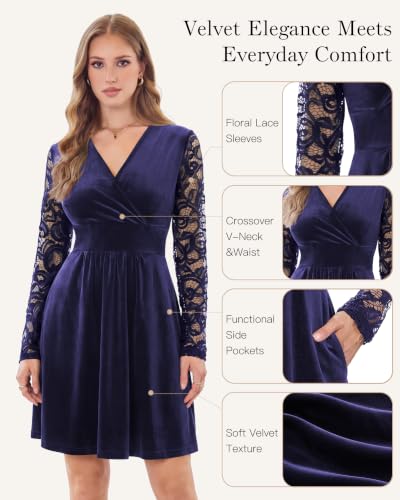 AUSELILY Velvet Dress for Women V Neck Lace Sleeve Wrap Dress