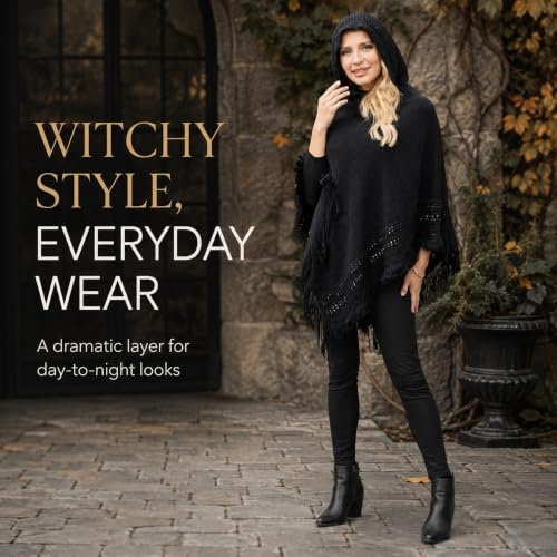 Ferand Women's Witchy Hooded Knit Poncho with Fringe Secondary image