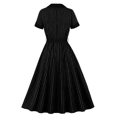 Women's 1950s Retro Striped Dress - Vintage Collared Button Down A Line Swing Dress with Removable Belt for Commuting