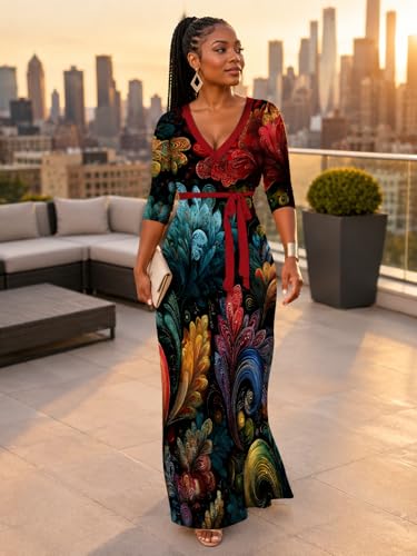 PinkPatty Women's Plus Size V Neck 3/4 Sleeve Boho Maxi Dress with Pockets