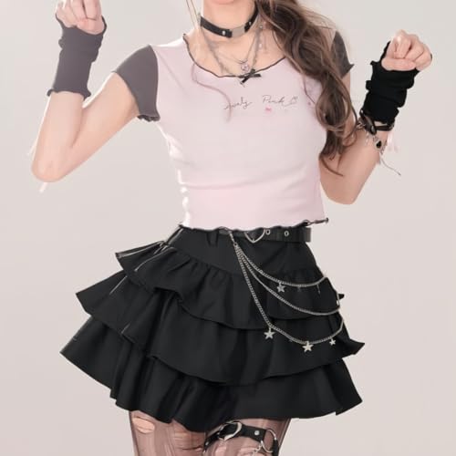 Women Gothic Lolita Mini Skirt Harajuku Y2K Short Skirt Layered Ruffled High Waist A-Line Skirts for Teens
