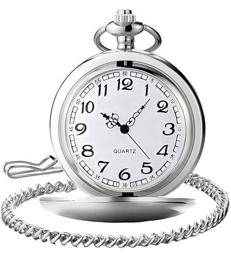 Smooth Vintage Pocket Watch with Chain, Arabic Numerals Scale