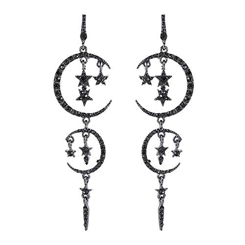 Moon and Star Drop Earrings Exaggerated Fashion Long Drop Dangle Stud Drop Earrings for Women,Black