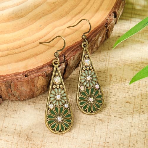 Copper Crystal Teardrop Enamel Flower Earrings