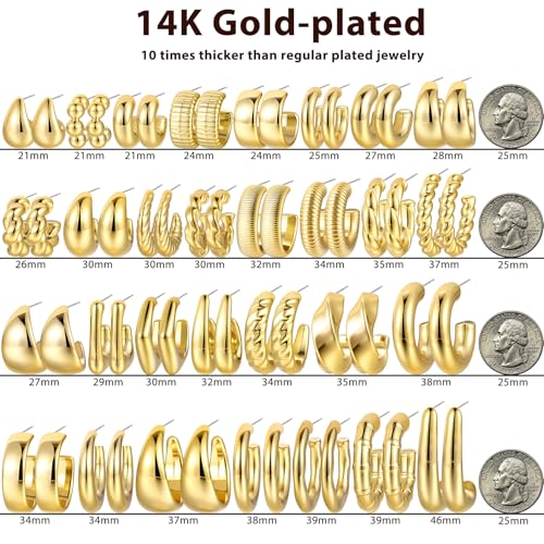 30 Pairs Chunky Gold Hoop Earrings for Women, Multipack Jewelry for Gift